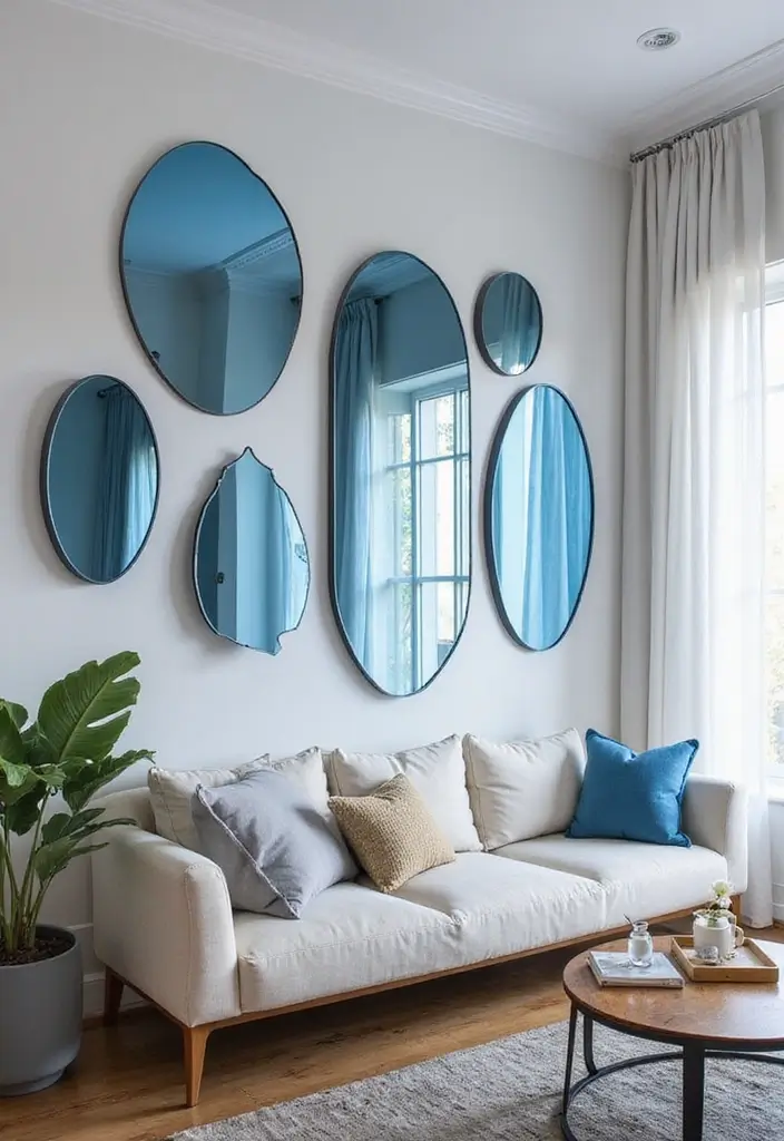 30 Royal Blue Living Room Decor Ideas - 15. Decorative Blue Mirrors 1