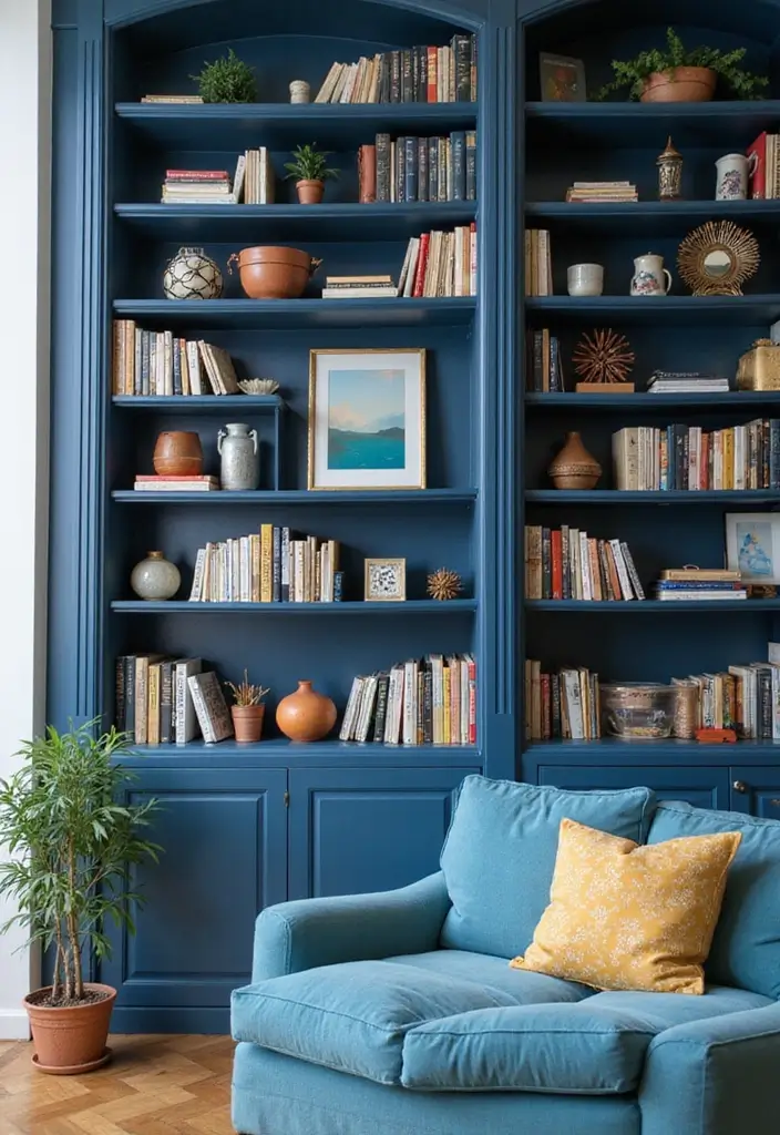 30 Royal Blue Living Room Decor Ideas - 16. Blue-Themed Bookshelf 1
