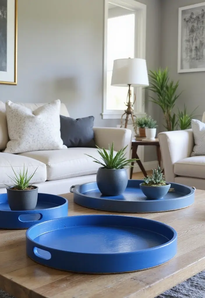 30 Royal Blue Living Room Decor Ideas - 19. Blue Decorative Trays 1