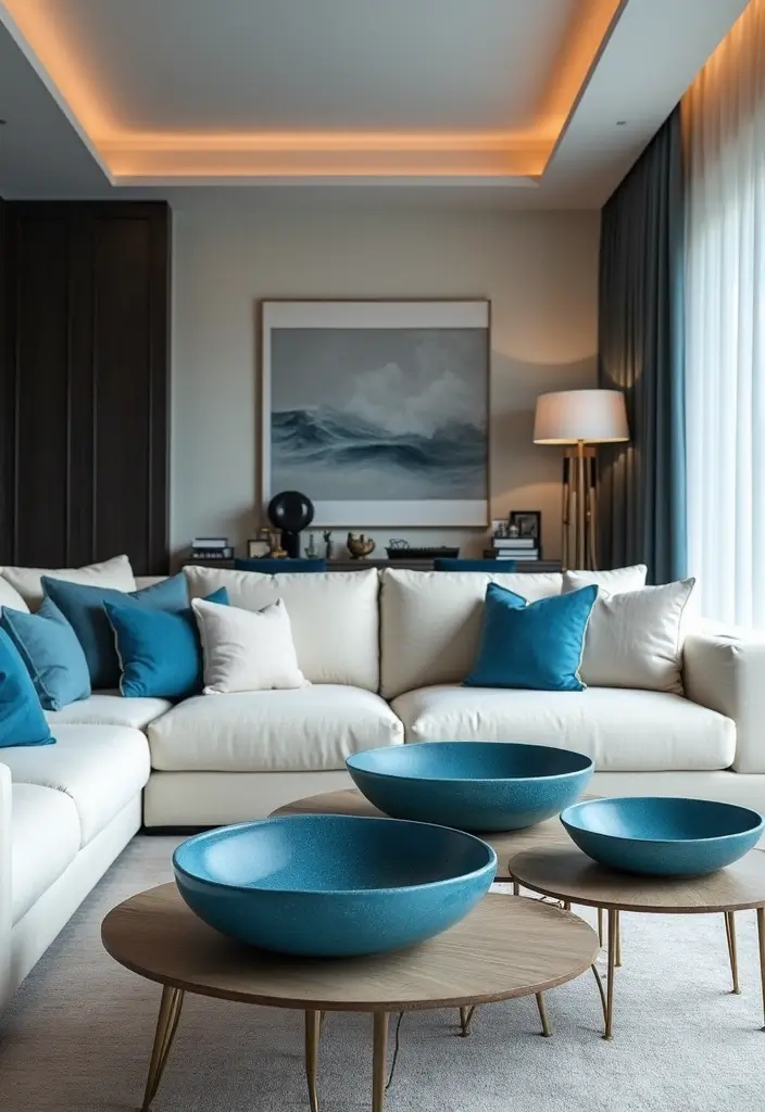 30 Royal Blue Living Room Decor Ideas - 22. Blue-Themed Decorative Bowls 1