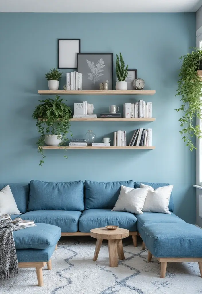 30 Royal Blue Living Room Decor Ideas - 23. Blue-Themed Wall Shelves 1