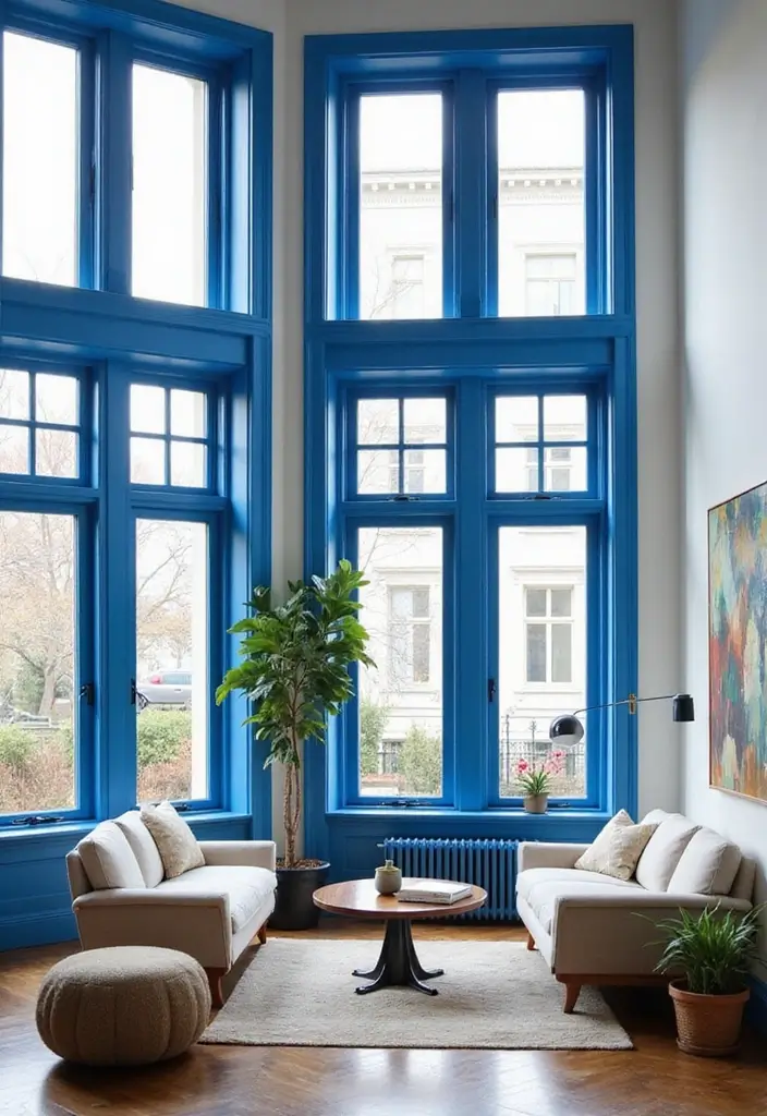 30 Royal Blue Living Room Decor Ideas - 24. Royal Blue Window Frames 1