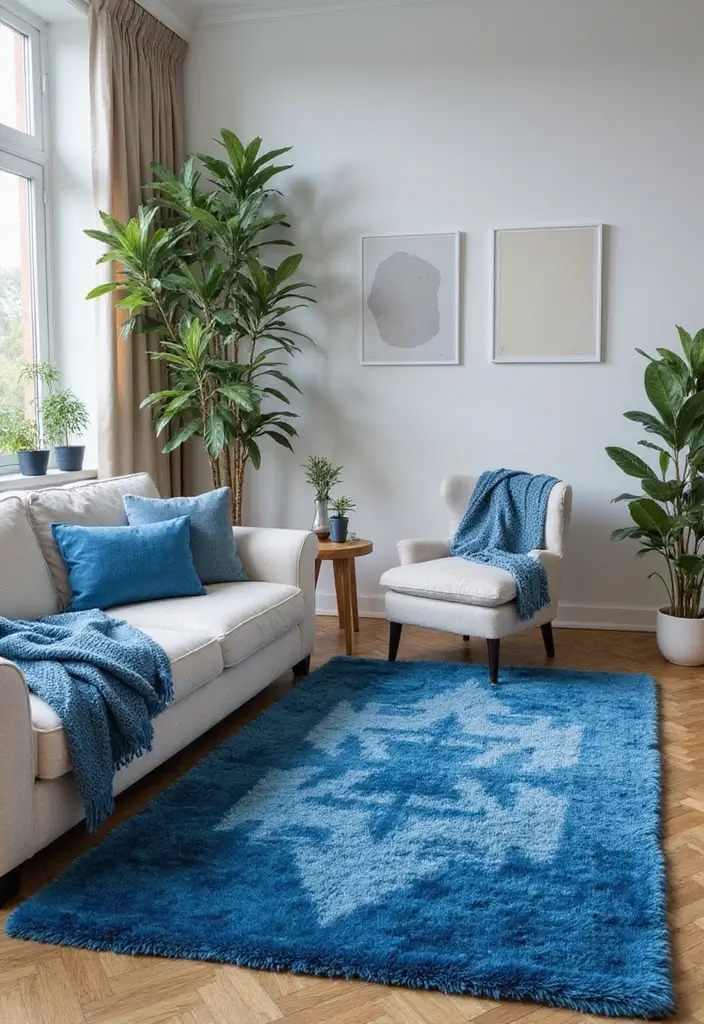 30 Royal Blue Living Room Decor Ideas - 25. Blue-Themed Throw Rugs 1