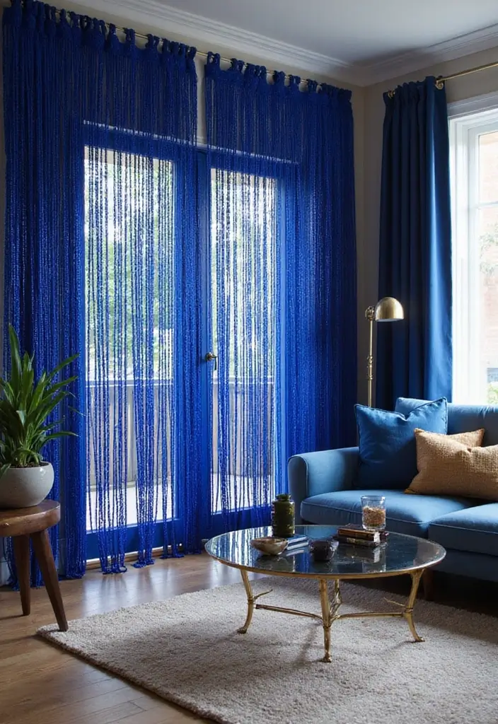 30 Royal Blue Living Room Decor Ideas - 27. Royal Blue Beaded Curtains 1