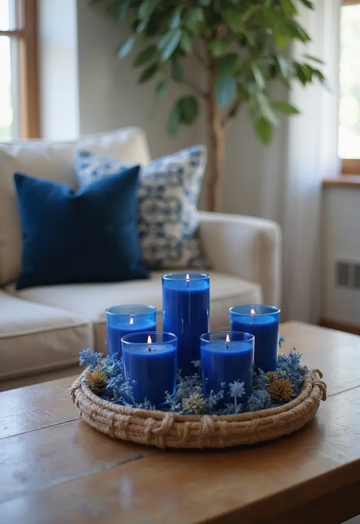 30 Royal Blue Living Room Decor Ideas - 28. Royal Blue Candles and Holders 1