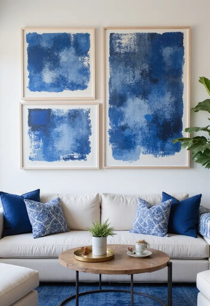 30 Royal Blue Living Room Decor Ideas - 29. Framed Blue Textiles 1