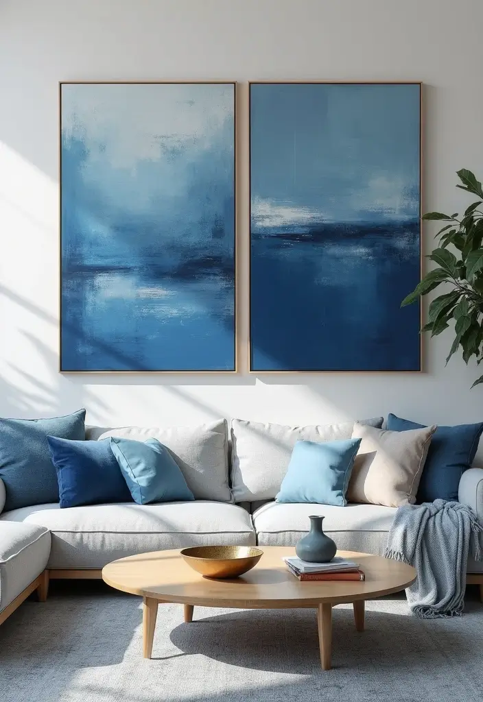 30 Royal Blue Living Room Decor Ideas - 4. Contemporary Blue Art Pieces 1