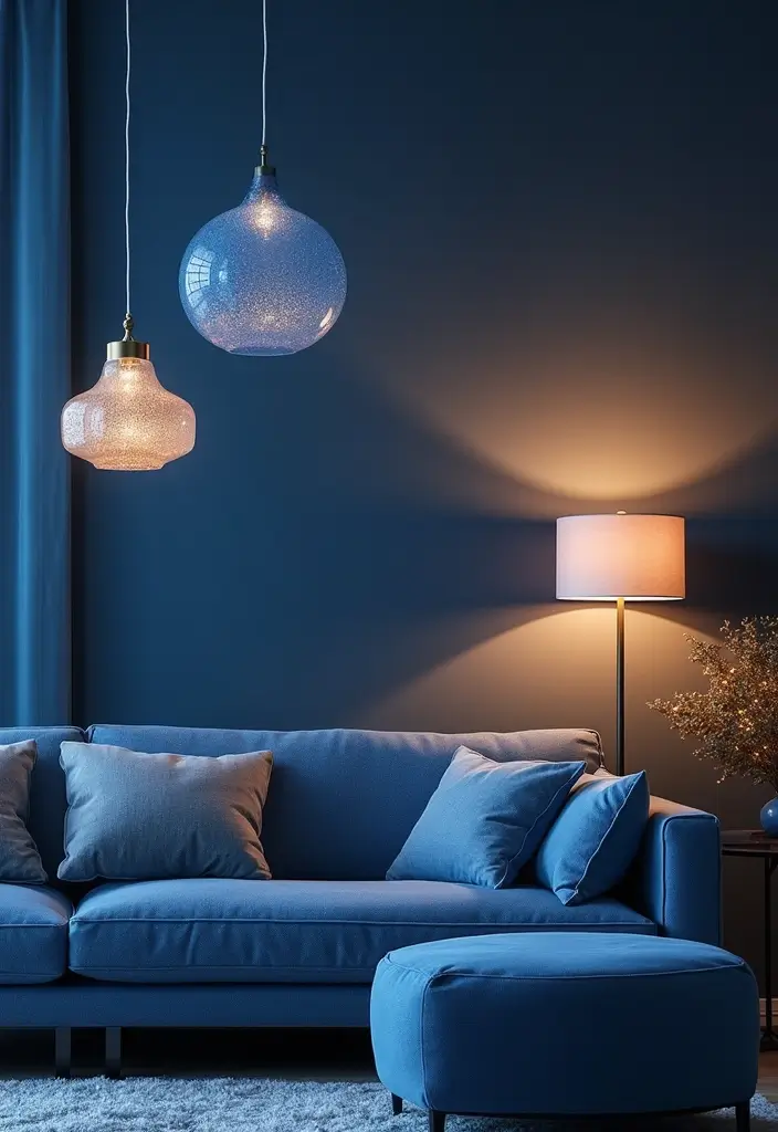 30 Royal Blue Living Room Decor Ideas - 7. Modern Blue Lighting Fixtures 1