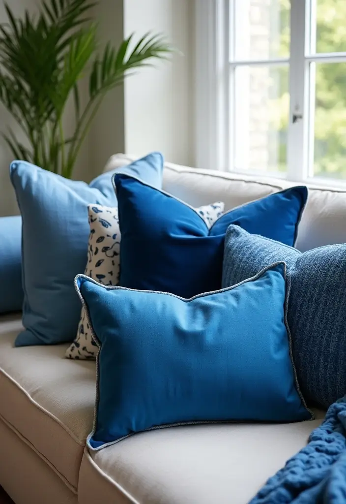 30 Royal Blue Living Room Decor Ideas - 8. Blue Throw Pillows 1