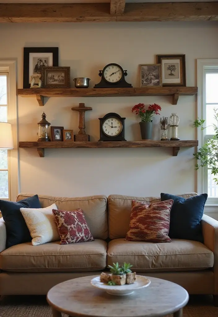 30 Rustic Floating Shelf Living Room Decor Ideas - 1. Reclaimed Wood Elegance 1