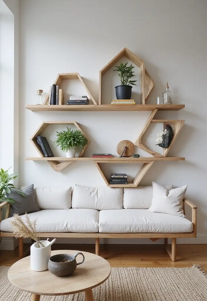 30 Rustic Floating Shelf Living Room Decor Ideas - 10. Unique Shapes and Designs 1