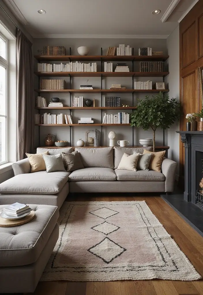 30 Rustic Floating Shelf Living Room Decor Ideas - 11. Classic Bookshelf Elegance 1