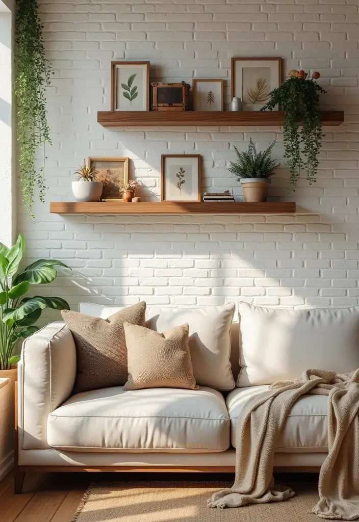 30 Rustic Floating Shelf Living Room Decor Ideas - 12. Textured Wall Backgrounds 1