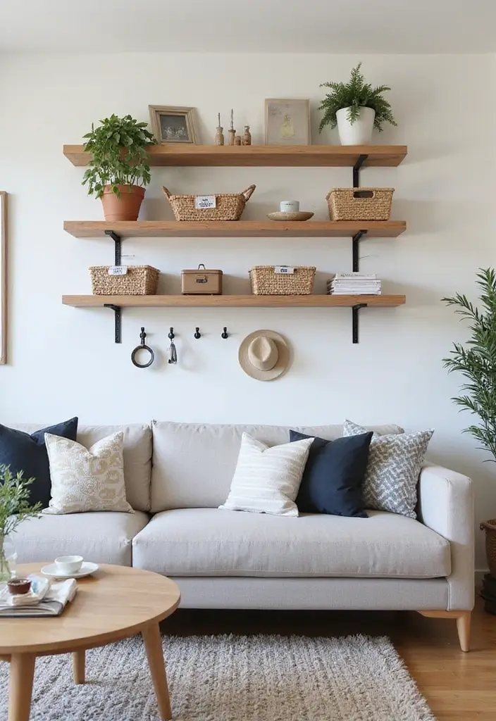 30 Rustic Floating Shelf Living Room Decor Ideas - 14. Multipurpose Floating Shelves 1