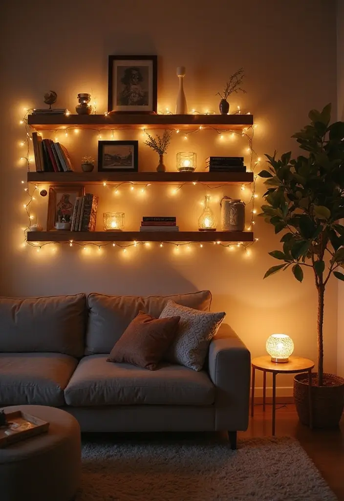 30 Rustic Floating Shelf Living Room Decor Ideas - 15. Warm Lighting Accents 1