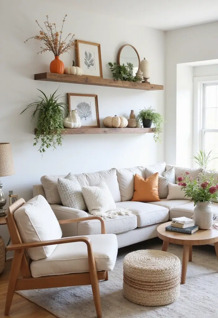 30 Rustic Floating Shelf Living Room Decor Ideas - 16. Seasonal Decor Rotations 1