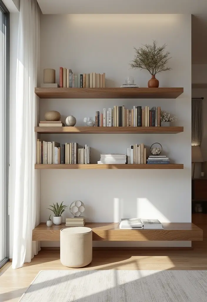 30 Rustic Floating Shelf Living Room Decor Ideas - 17. Stylish Book Displays 1