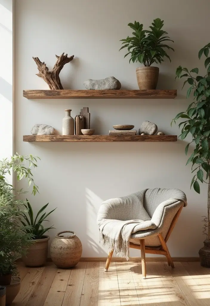 30 Rustic Floating Shelf Living Room Decor Ideas - 18. Natural Elements 1