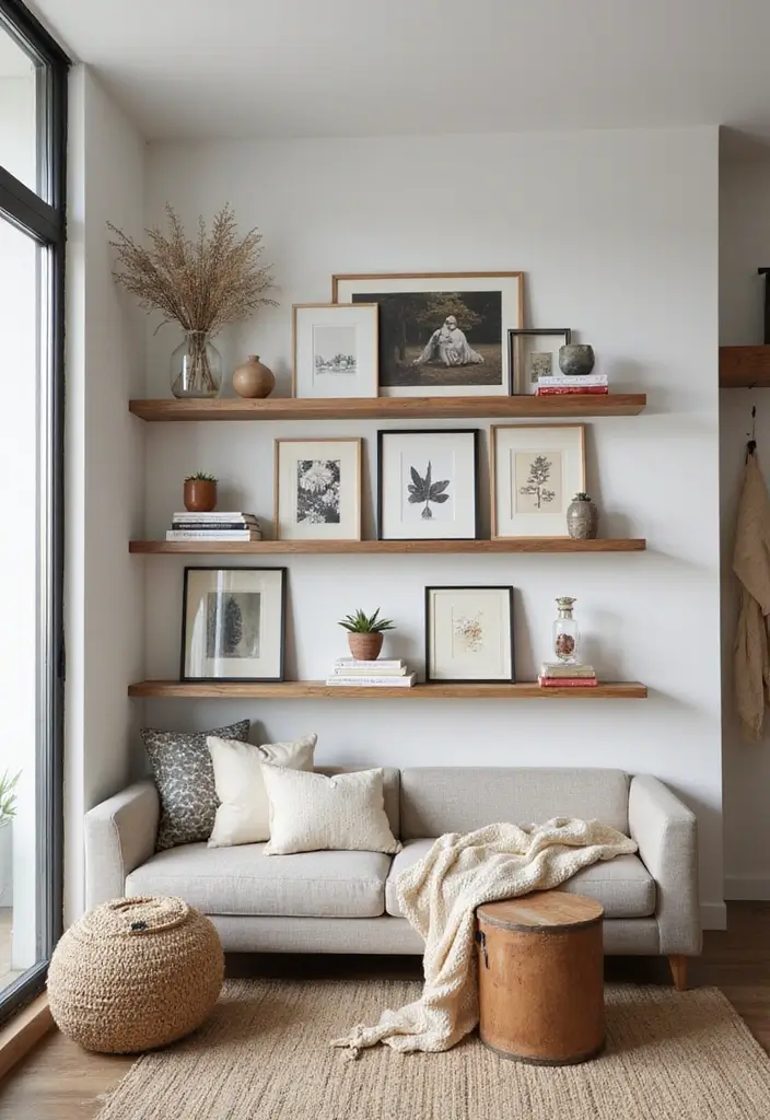 30 Rustic Floating Shelf Living Room Decor Ideas - 19. Combining Floating Shelves with Artwork 1