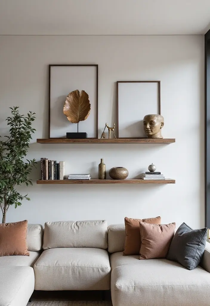 30 Rustic Floating Shelf Living Room Decor Ideas - 2. Minimalist Metal Frames 1