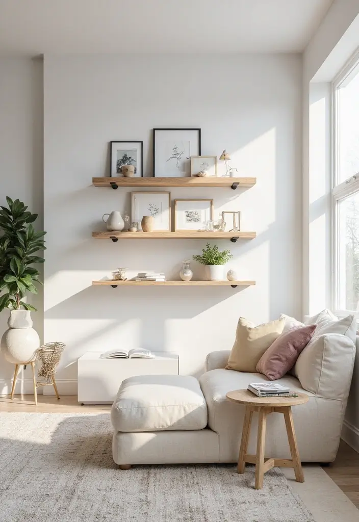 30 Rustic Floating Shelf Living Room Decor Ideas - 22. Farmhouse Chic with White Wash 1