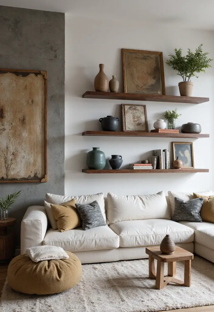 30 Rustic Floating Shelf Living Room Decor Ideas - 23. Layered Textures 1