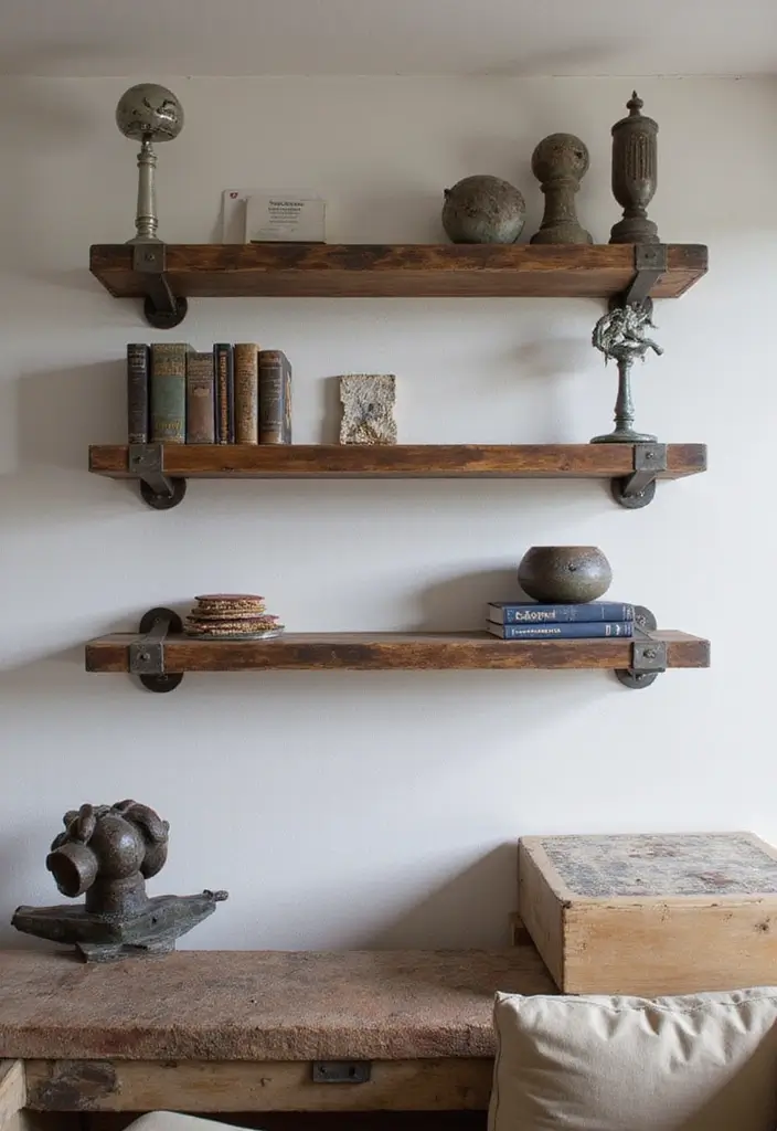 30 Rustic Floating Shelf Living Room Decor Ideas - 24. Industrial Vibes 1