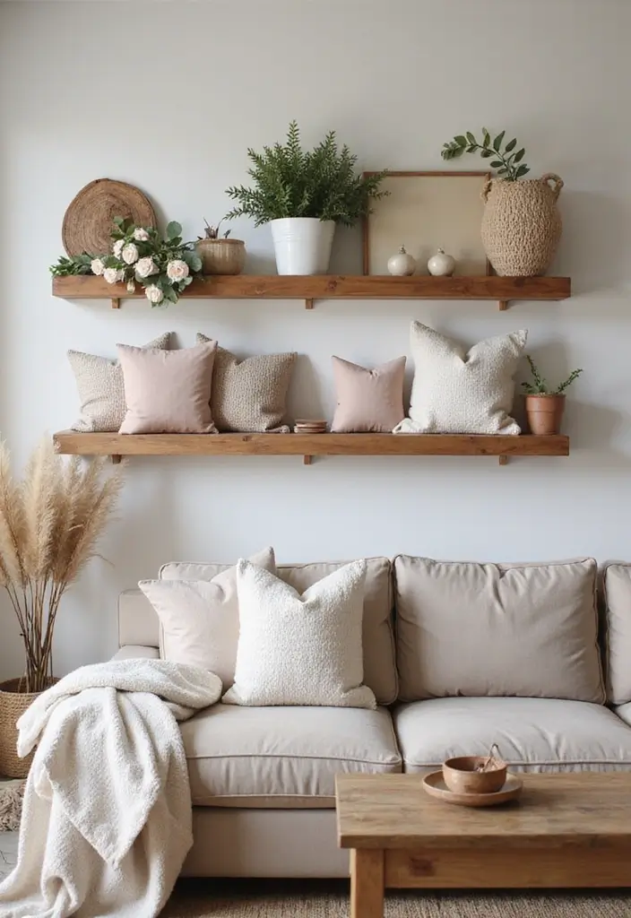 30 Rustic Floating Shelf Living Room Decor Ideas - 25. Rustic Chic with Fabric Accents 1