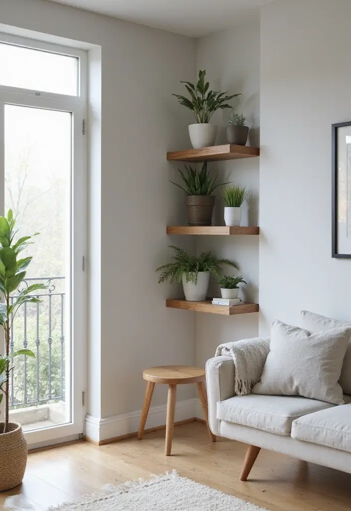 30 Rustic Floating Shelf Living Room Decor Ideas - 26. Stylish Corners 1