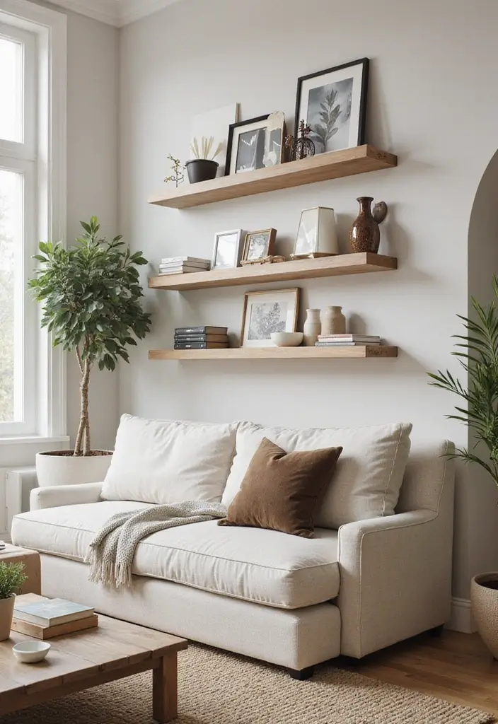 30 Rustic Floating Shelf Living Room Decor Ideas - 27. Coordinated Decor Themes 1