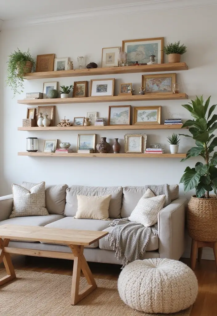 30 Rustic Floating Shelf Living Room Decor Ideas - 28. Personal Touch with Travel Mementos 1