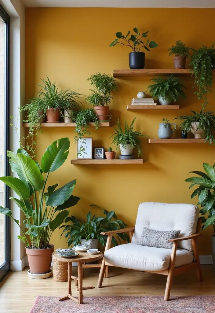 30 Rustic Floating Shelf Living Room Decor Ideas - 3. Floating Shelf Plant Oasis 1