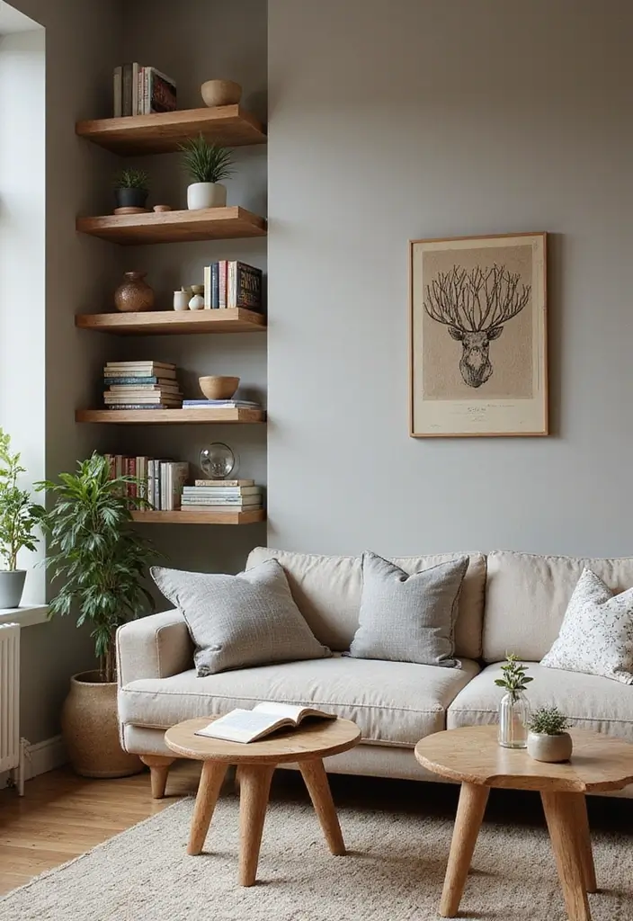 30 Rustic Floating Shelf Living Room Decor Ideas - 30. Cozy Nook with Floating Shelves 1