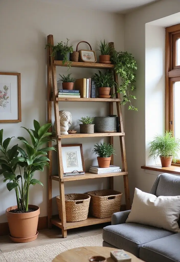 30 Rustic Floating Shelf Living Room Decor Ideas - 4. Rustic Ladder Shelf 1