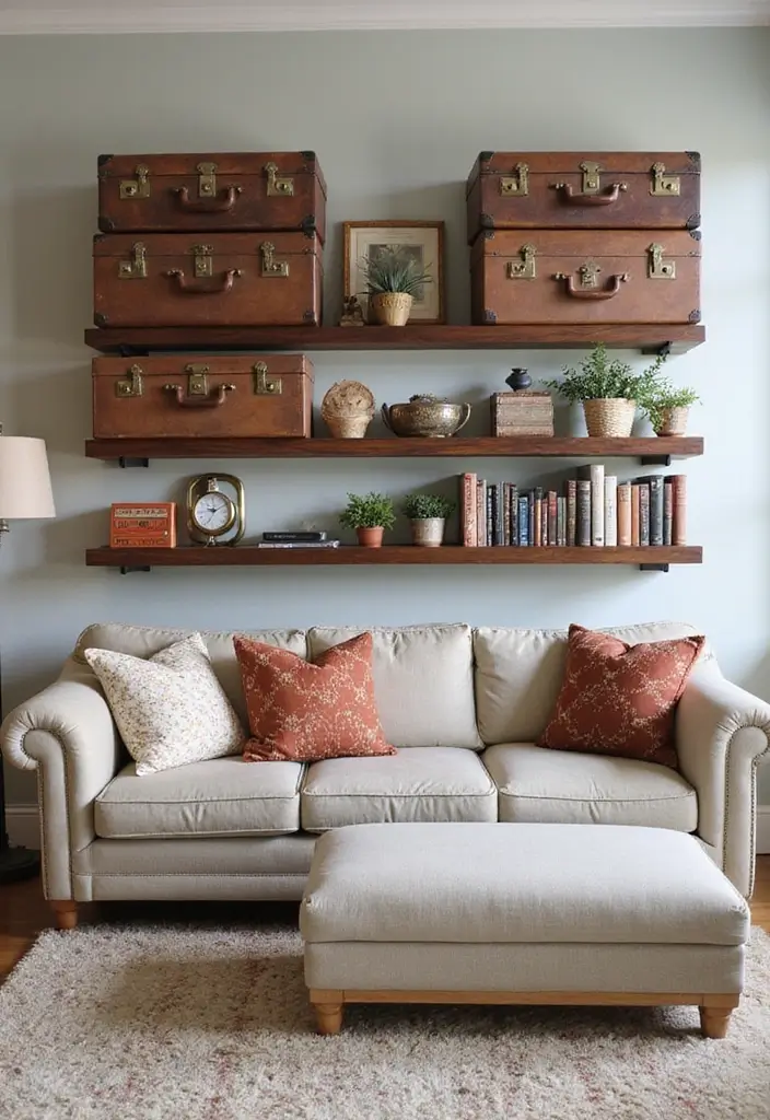 30 Rustic Floating Shelf Living Room Decor Ideas - 5. Vintage Suitcase Display 1