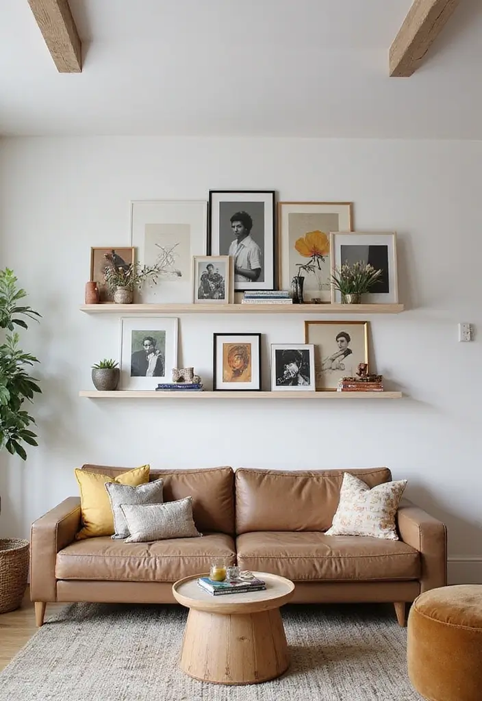 30 Rustic Floating Shelf Living Room Decor Ideas - 6. Floating Shelf Gallery Wall 1