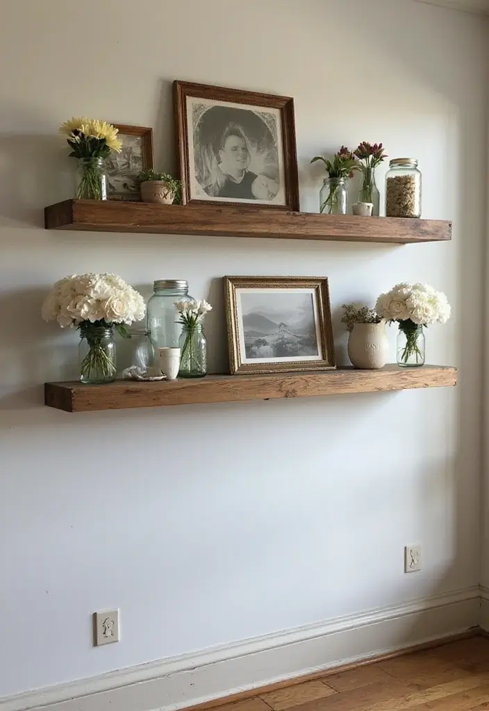 30 Rustic Floating Shelf Living Room Decor Ideas - 7. Farmhouse Style with Mason Jars 1