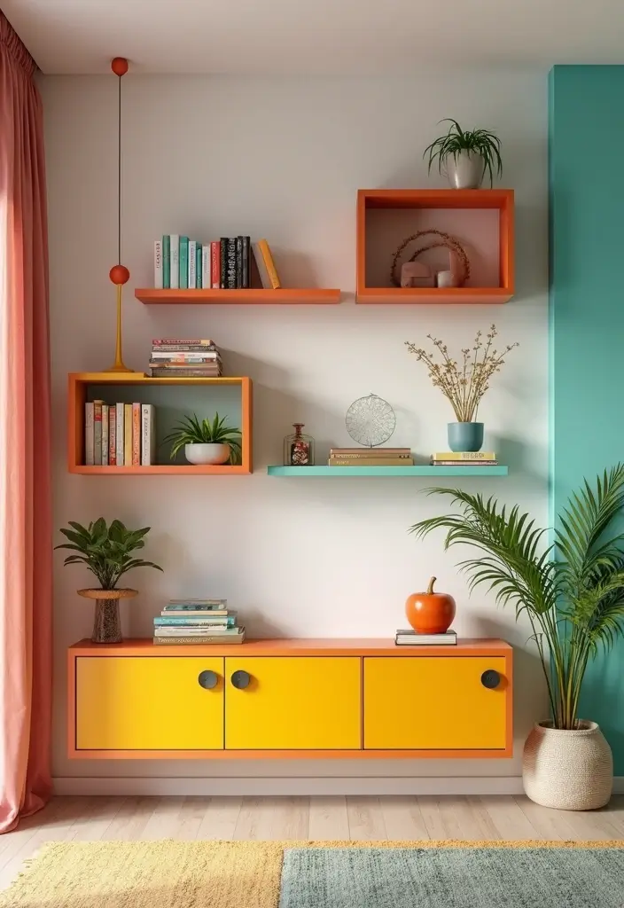 30 Rustic Floating Shelf Living Room Decor Ideas - 8. Bold Color Contrasts 1