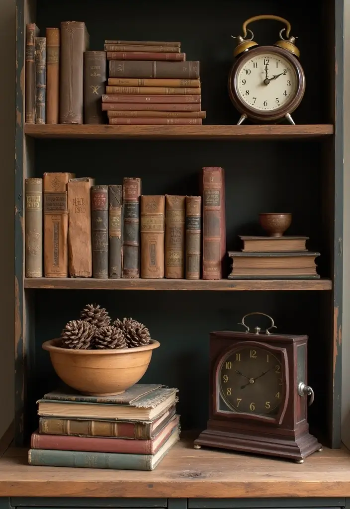 30 Rustic Living Room Cabinet Decor Ideas to Elevate Your Space - 1. Vintage Books and Rustic Elements 1