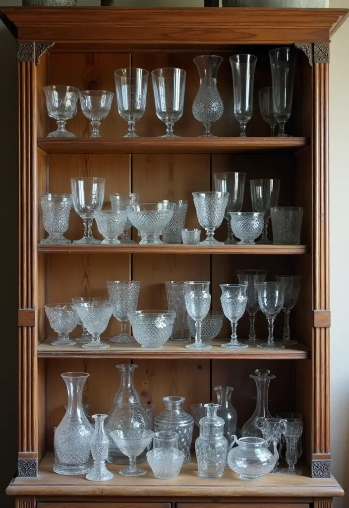 30 Rustic Living Room Cabinet Decor Ideas to Elevate Your Space - 12. Vintage Glassware Display 1