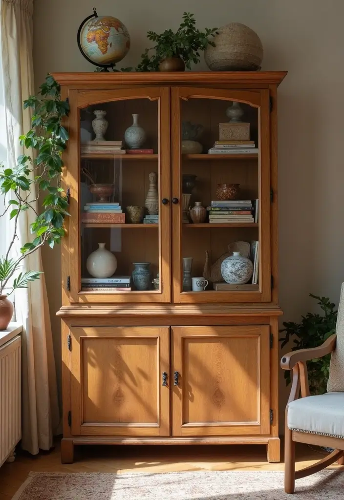 30 Rustic Living Room Cabinet Decor Ideas to Elevate Your Space - 14. Unique Travel Souvenirs 1