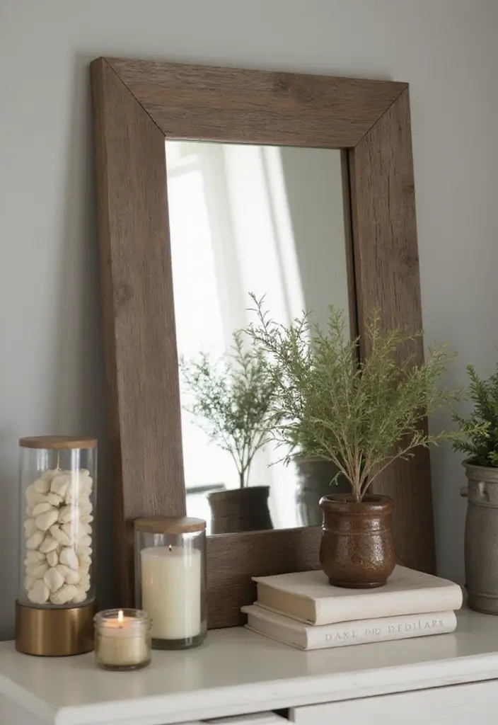 30 Rustic Living Room Cabinet Decor Ideas to Elevate Your Space - 18. Layering with Mirrors 1