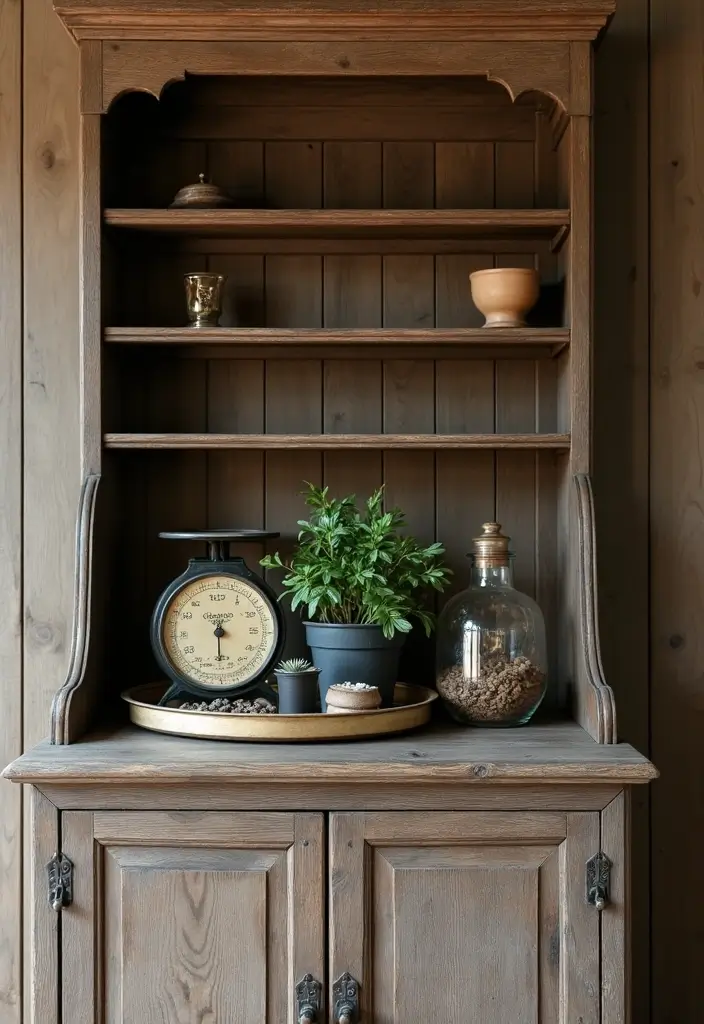 30 Rustic Living Room Cabinet Decor Ideas to Elevate Your Space - 2. Farmhouse Chic with Antiques 1