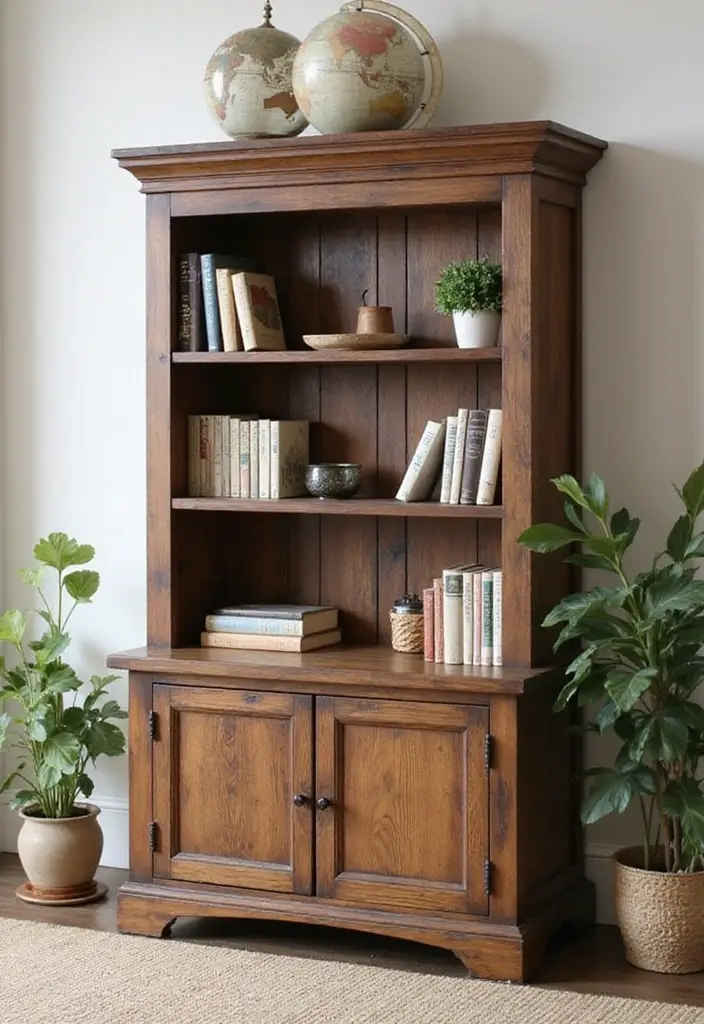30 Rustic Living Room Cabinet Decor Ideas to Elevate Your Space - 20. Rustic Themed Bookshelf 1