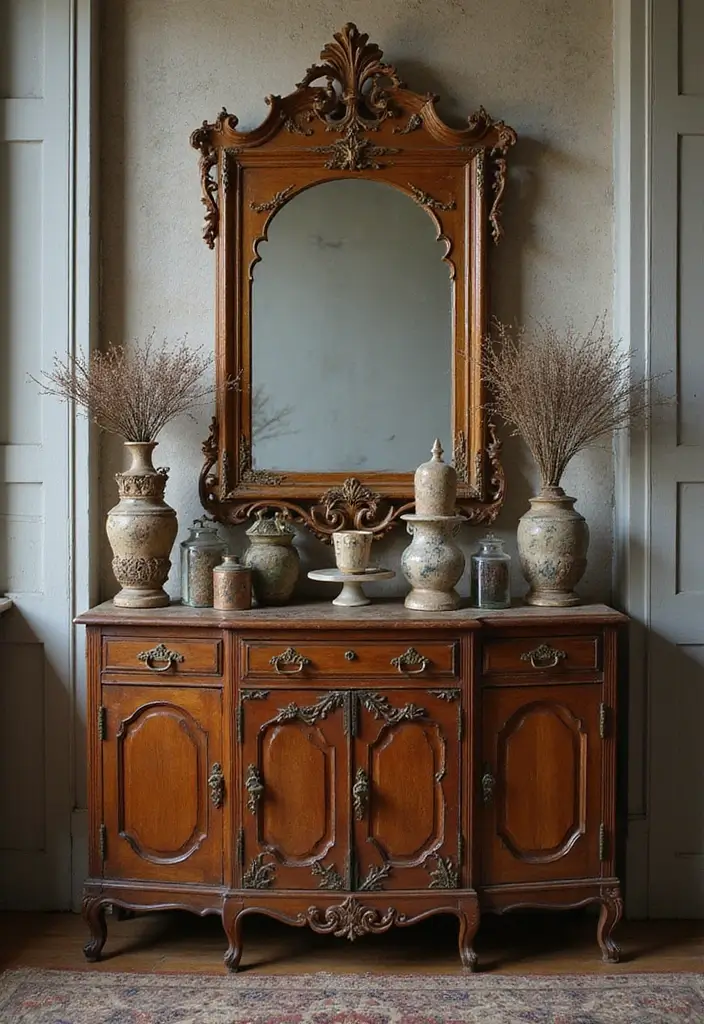 30 Rustic Living Room Cabinet Decor Ideas to Elevate Your Space - 23. Antique Mirrors for Visual Depth 1