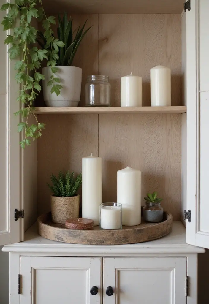 30 Rustic Living Room Cabinet Decor Ideas to Elevate Your Space - 24. Decorative Trays for Neatness 1