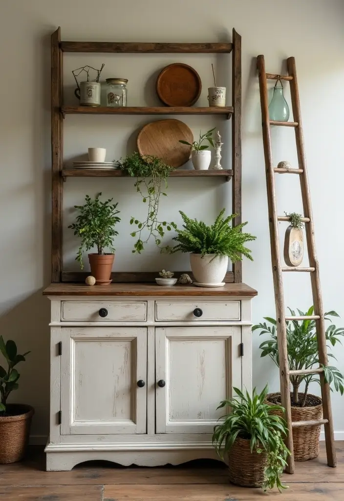30 Rustic Living Room Cabinet Decor Ideas to Elevate Your Space - 25. Rustic Ladder as a Unique Display 1