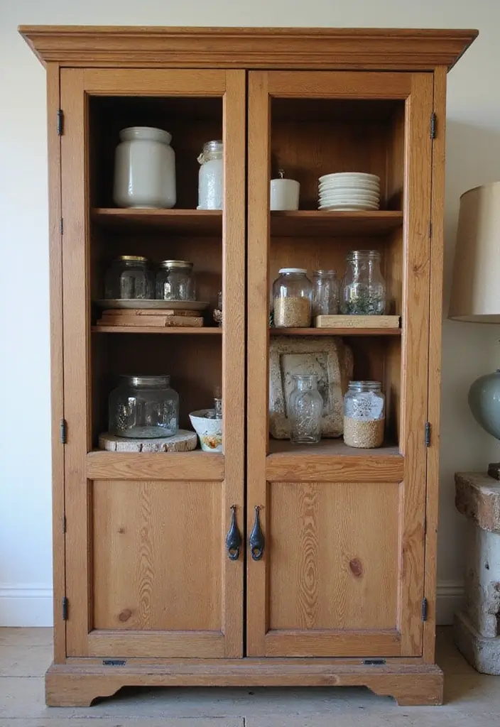 30 Rustic Living Room Cabinet Decor Ideas to Elevate Your Space - 27. Upcycled Decor Pieces 1