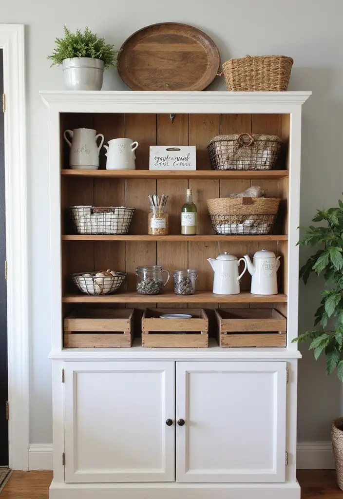 30 Rustic Living Room Cabinet Decor Ideas to Elevate Your Space - 28. Farmhouse Style Accessories 1