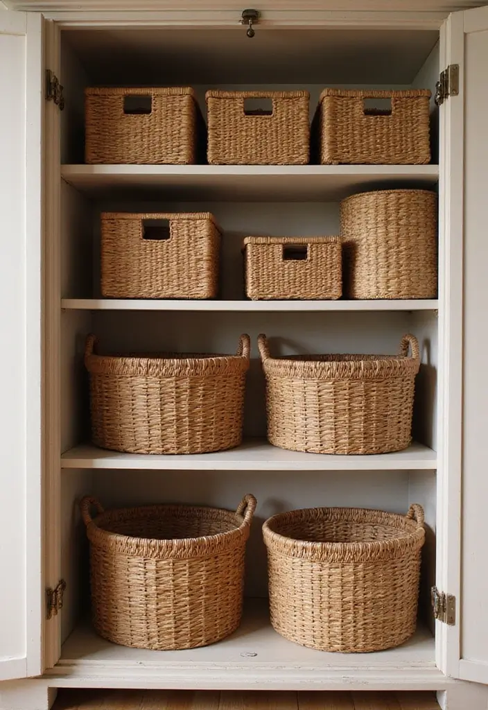 30 Rustic Living Room Cabinet Decor Ideas to Elevate Your Space - 3. Rustic Organization with Baskets 1